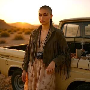 Chartou Western Faux Suade Charcoal Grey Cropped Boho Fringe Jacket-XL